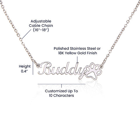 polished stainless steel personalized paw print name necklace for pet lover specifications