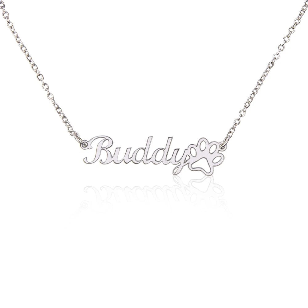 polished stainless steel personalized paw print name necklace for pet lover standard box