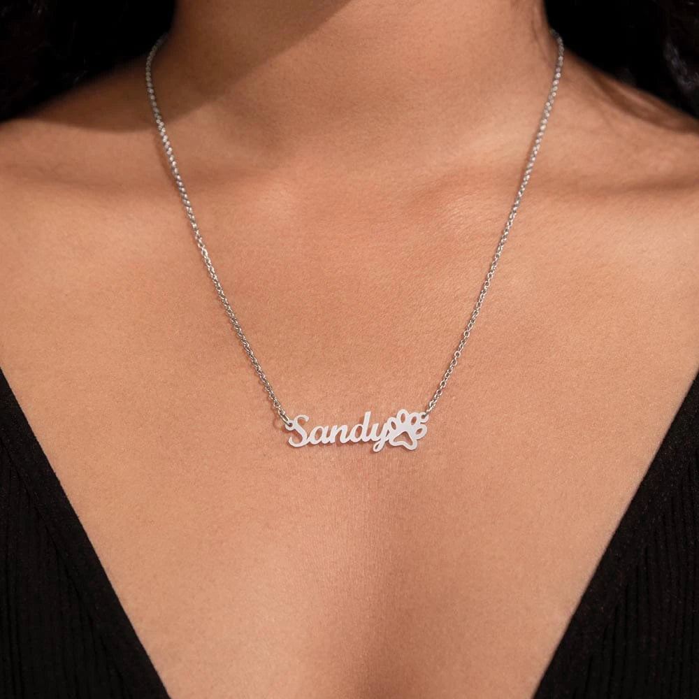 polished stainless steel personalized paw print name necklace for pet lover standard box showcase on neck