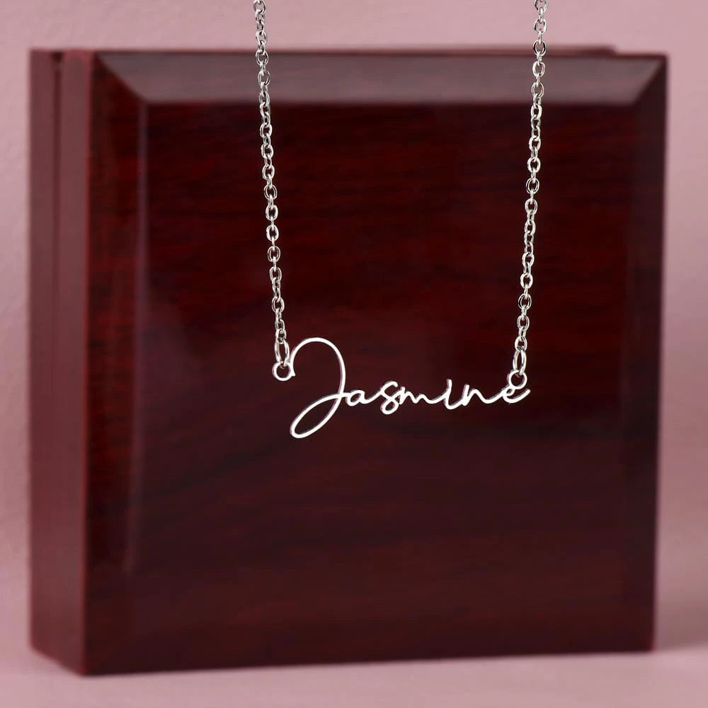 polished stainless steel personalized signature name necklace for her luxury box