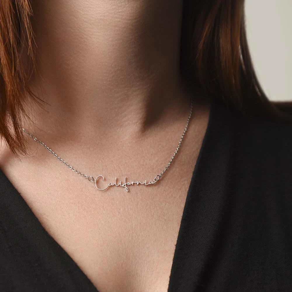 polished stainless steel personalized signature name necklace for her showcase on neck