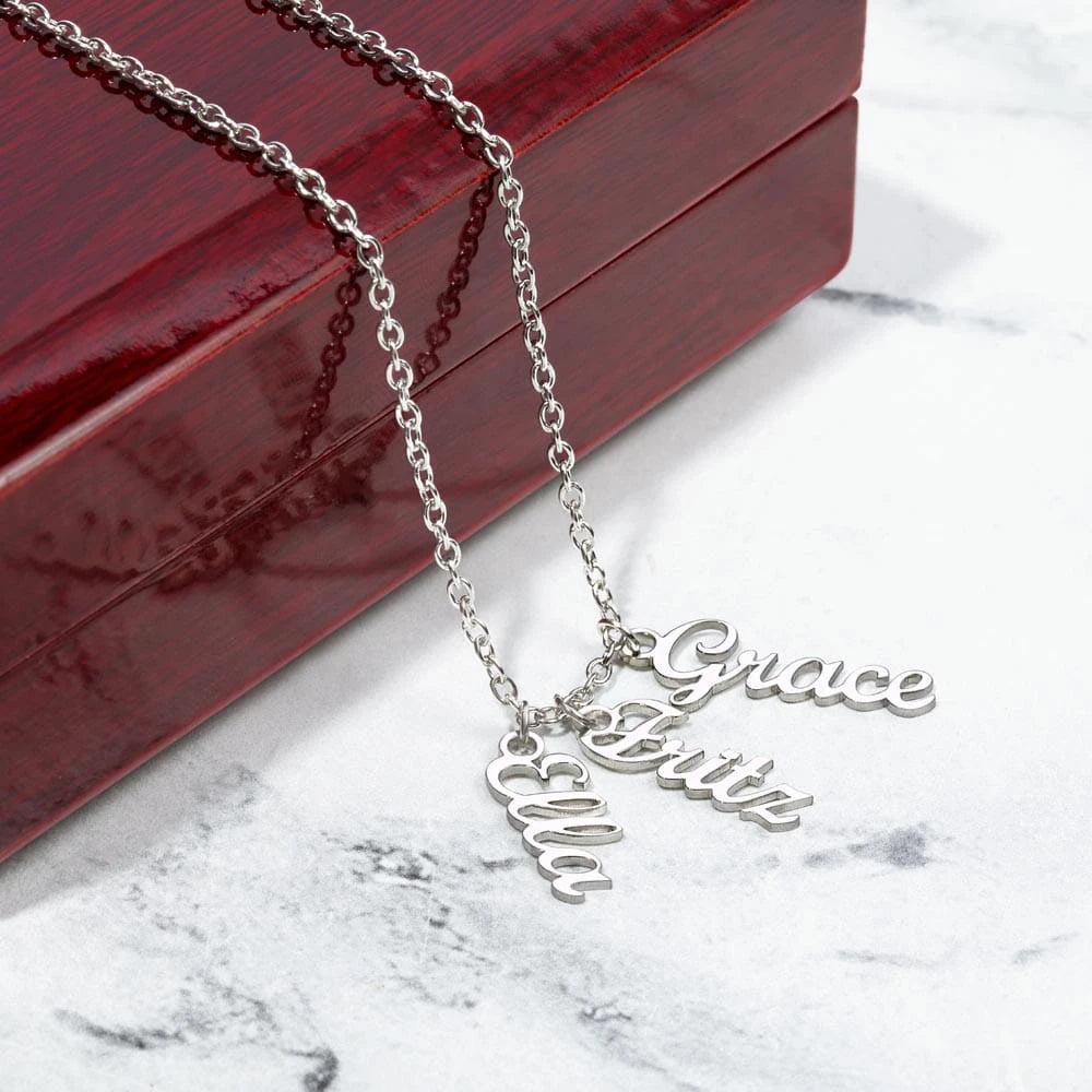 polished stainless steel personalized three vertical names necklace luxury box