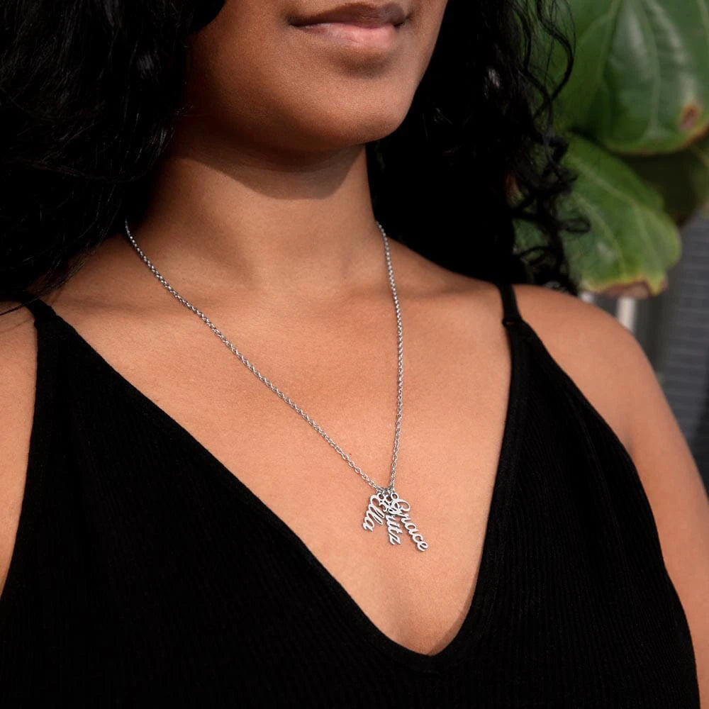 polished stainless steel personalized three vertical names necklace showcase on neck