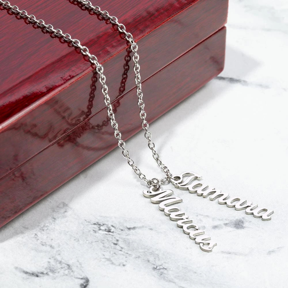 polished stainless steel personalized two vertical names necklace luxury box