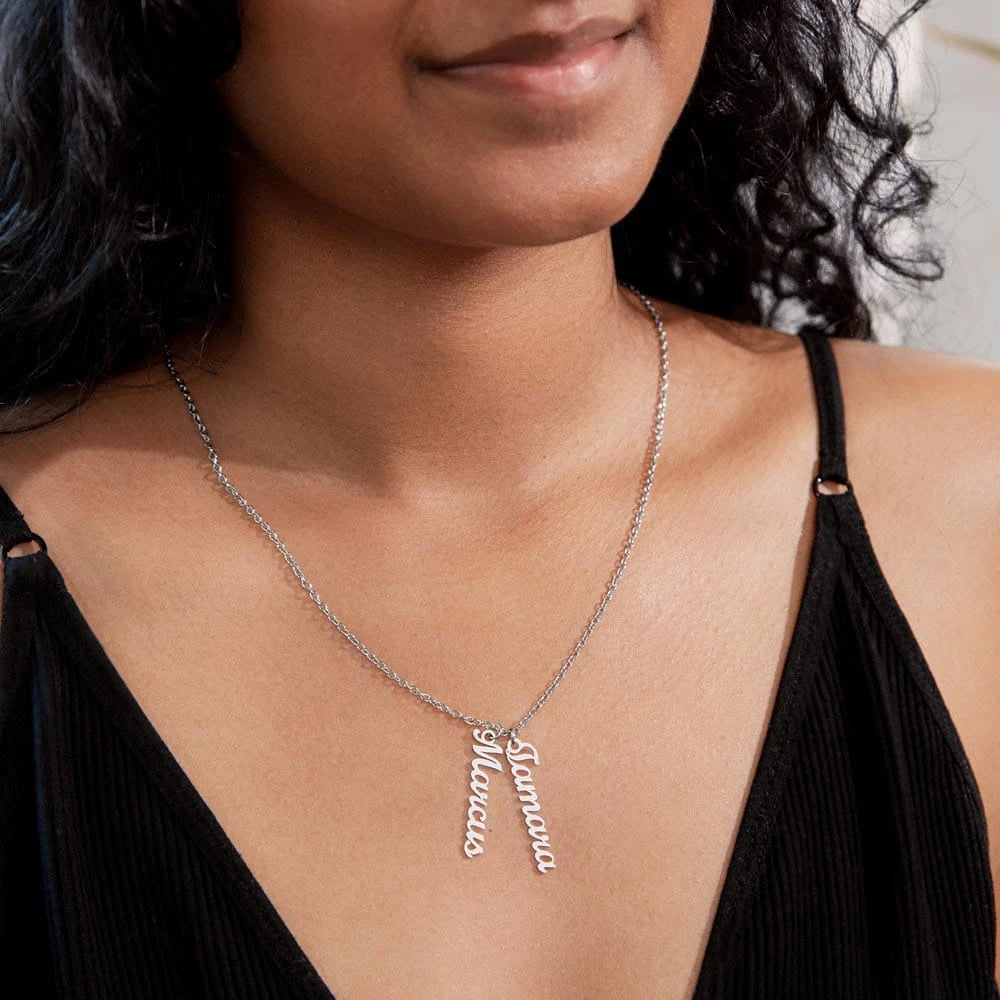 polished stainless steel personalized two vertical names necklace showcase on neck