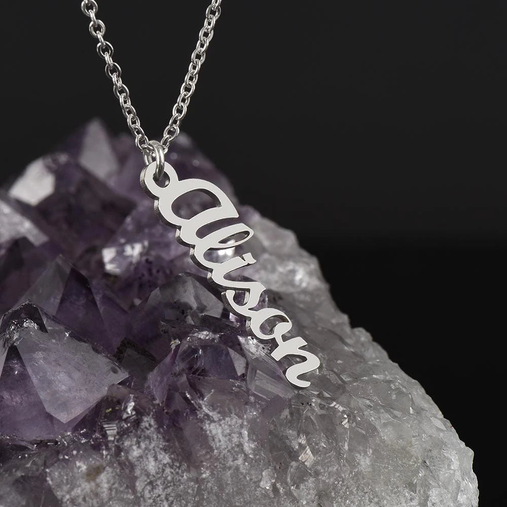 polished stainless steel personalized vertical name necklace for her showcase