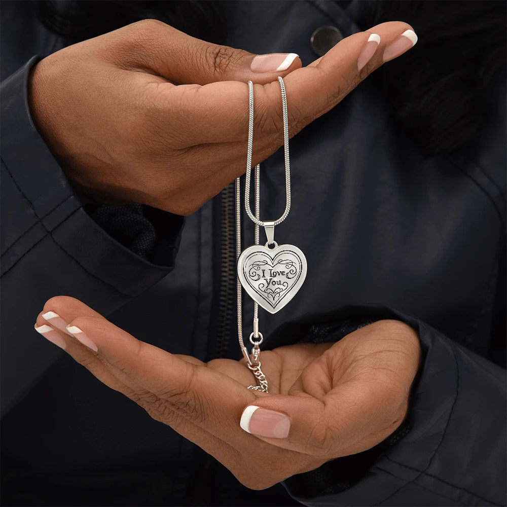 silver custom photo heart necklace for her showcase in hand
